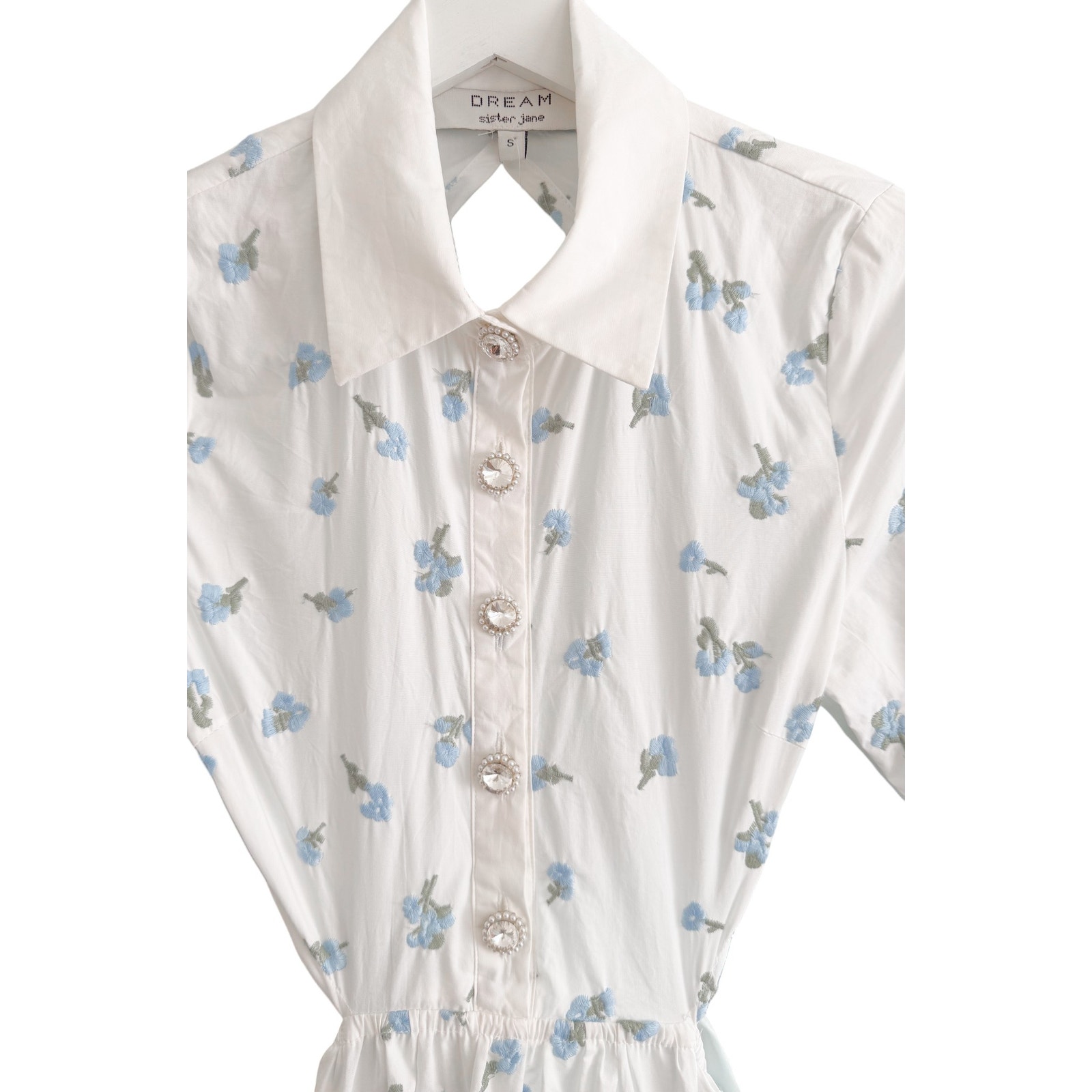 Sister Jane Lapis Shell Midi Shirtdress Rhinestone Buttons Open Back Nwt Small — image 5 of 8